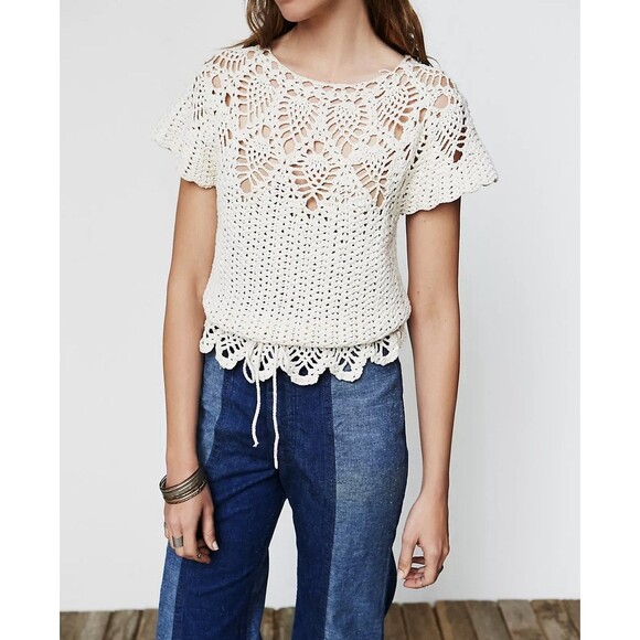Free People Tops - Free People Vintage 60s Crochet Cinched Waist Top Ivory RARE!